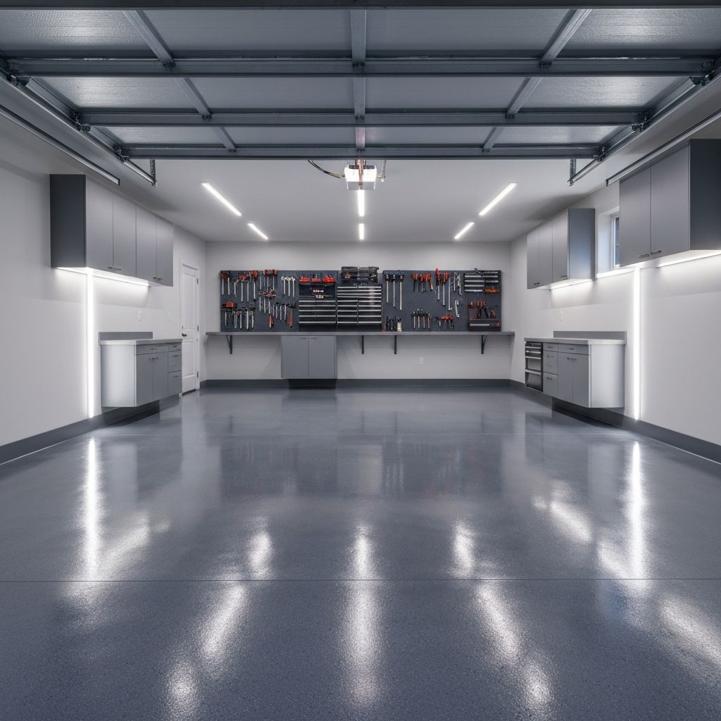Freshly installed industrial-grade garage epoxy flooring in a Sacramento residential home.
